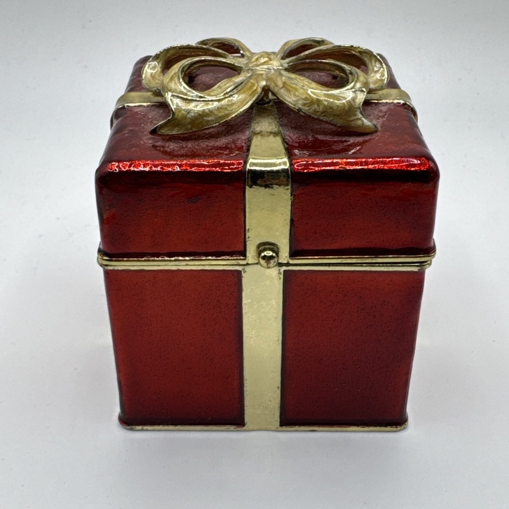 Christmas Gift Box Shaped Red‎ Enamel Gold Tone Trinket Box - Marked - Medium